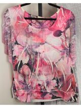 OneWorld Live and Let Live Women's 1X Pink Watercolor Floral Lace Sleeve Top Photo 0