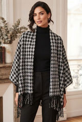 Houndstooth Fringe Poncho Wrap Open Front Shawl Black Grey Woven Cape Womens Photo 0