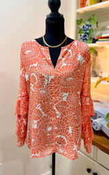 Ann Taylor Coral Floral Blouse M Unique Ruffle Sleeve Chiffon Chic Statement Top Photo 0