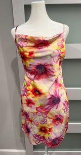 Urban Outfitters Floral Cowl Neck Mini Slip Dress Pink Yellow Orange Small Photo 0