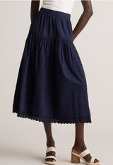 NWT Quince 100% Organic Cotton Poplin Pintuck Maxi Skirt Eyelet Hem Navy Blue S Photo 0
