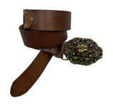 CAbi Belt Womens Medium Brown Leather Ornate Brass Filigree Buckle Studded Boho Photo 0