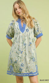 Umgee Floral Puff Sleeve Dress with Contrast Trim‎ - Blue Grey - Small Photo 0