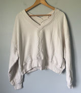 Aerie Cropped V-Neck Sweatshirt Off the Shoulder Cotton Blend Beige Size Medium Photo 0