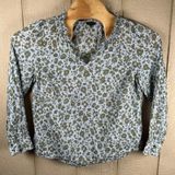 Talbots Cotton Popover Top Large Blue Sage Green Floral Ruffle Trim Long Sleeve Photo 0