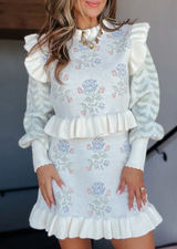Cream Floral Knit Skirt Set with Ruffle Details Photo 0