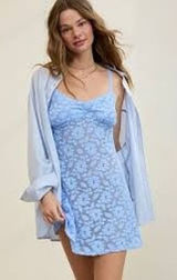 Aerie Women Dress L Blue Lace Mini Floral Sheer Overlay Sweetheart Strappy Photo 0