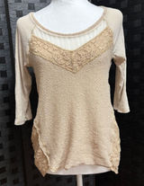 Free People We The Free Top Beige Lace Mixed Media Boho Waffle Knit Casual M/L Photo 0