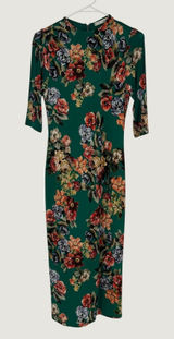 Alice + Olivia Delora Green Floral‎ Midi Dress Size 4 3/4 Sleeve Bodycon Photo 0