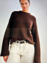 CYRUS Ribbed Sweater in Brown bell sleeves wide band Photo 0