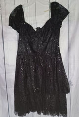 David's Bridal Short Sleeve Illusion Lace Tiered Ruffle Black Homecoming Dress Photo 0