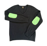 Boo Gemes Chocolate Brown Cashmere Sweater Green Elbow Patch V Neck Womens Large Photo 0