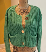 Green Chunky Knit Cardigan Sweater with Gold Buttons Photo 0