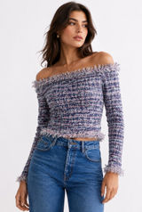 ZARA Off-The-Shoulder Tweed Top Blue Photo 0