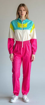 Neon 80s Colorblock Windbreaker Jumpsuit Womens Small Retro Pink Teal Zip Up Photo 0