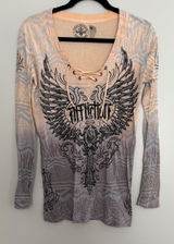 Affliction Nicolette L/S Rhinestone Cross & Wings T-Shirt Women's Size‎ Small Photo 0