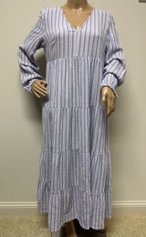 New Universal Thread Blue & White Striped Long Sleeve V-Neck Tiered Maxi Dress S Photo 0