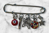 Silver Charm Safety Pin Brooch with Red Bead and Multicolor Disc Photo 0
