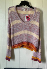 Roxy Womens Striped V-Neck Sweater Lavender Cream Orange Knit Size Small NWT Photo 0