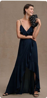 BHLDN Hailee Ruffle-Neck Wrap Georgette Gown Blue Navy Bridesmaids Size 10 NWT Photo 0