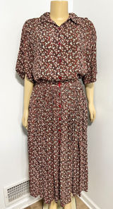 VINTAGE Jane Ashley Burgundy Floral Two Piece Shirt and Pleated Midi Skirt ML Photo 0