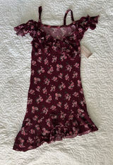 NWT Sensual Fit Burgundy Floral Ruffle Cold-Shoulder Mini Dress Photo 0