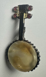 Vintage 1940s Banjo Brooch – Mother of Pearl & Pink Rhinestone Pin Photo 0