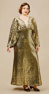 NEW BABEYOND Scoop Neck Sheer Angel Sleeve Maxi Dress Gold Sequin - Size 2X Photo 0