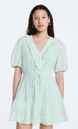 Free Assembly Womens XXL Green Striped Ruffle V-Neck Puff Sleeve Mini Dress Photo 0