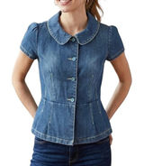 Retro Denim Jean Peplum Top Button Front Blue Western Cowgirl S Country Rodeo Photo 0