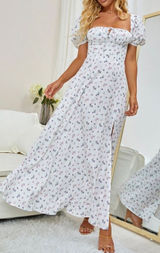 White Floral Off/On Shoulder Short Sleeve Maxi Dress Women’s XS Photo 0
