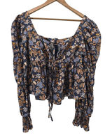 Topshop Blouse Womens 10 Blue Floral Boho Square Neck Puff Sleeve Tie Front Zip Photo 0