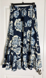Tahari Navy Blue Floral Paisley Smocked Tassel Tiered Maxi Skirt Womens Large‎ Photo 0