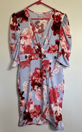 Venus Light Blue Floral Short Puff Sleeve Grommet Cutout Faux Wrap Dress Size M Photo 0