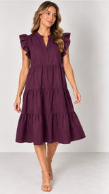 Entro Dress Womens L Purple Ruffle Tiered Flutter Sleeve Trapeze Midi Photo 0