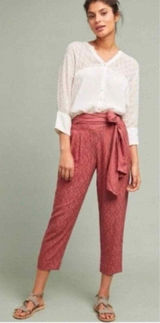 Anthropologie EttTwa Aubade‎ Mauve Tie Waist High Rise Textured Cropped Pants 4 Photo 0