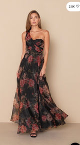 New Lulus Black Floral Organza One-Shoulder Maxi Dress Size XL MSRP $138 Photo 0