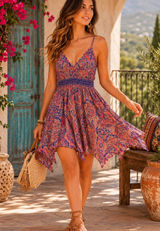 Miss Me Paisley Smocked Waist Handkerchief Hem Mini Dress‎ Red Blue Size Medium Photo 0