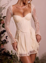 Oh Polly Ivory Lace Corset Mini Dress Long Sleeve Ruffle Skirt 6729 US 2 NWT Photo 0