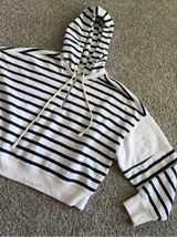 aerie Navy & White Striped Hooded Crop Sweater Coastal Nautical Photo 0