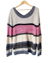 Caslon Ivory Pink Odetta V-Back Striped Knit Cotton Blend Sweater‎ Size 2X NWT Photo 0