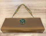 Bronze Satin Evening Clutch‎ Bag Green Rhinestone Brooch Beaded Handle Crossbody Photo 0