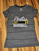 Majestic Pittsburgh Pirates‎ Women's Stripped V-neck Graphic T-shirt Sz L Large Soft Thin Photo 0