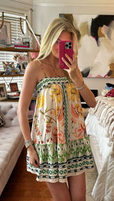 Floral Printed Spaghetti Strap Mini Dress in Yellow & Green Photo 0