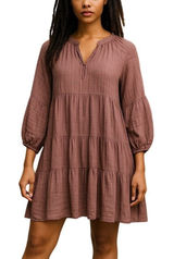 Listicle‎ Tiered Mini Dress Womens Large Dusty Rose Textured Grid Balloon Sleeve Photo 0