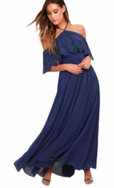 NWT Lulu’s Unmatched Beauty Navy Blue Lace Off-the-Shoulder Dress sz XS Photo 0