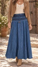Tantrum’s Womens Denim Blue Midi Flare Skirt Textured Smocked Waist Tassels Boho Photo 0