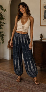 Bohemian Peacock‎ Feather Print Harem Pants Boho Smocked Waist Joggers Photo 0