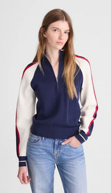 Madewell Womens Colorblock Quarter Zip Raglan Sweater Navy Red White Small NWT Photo 0