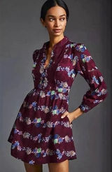 BY ANTHROPOLOGIE Mini Tunic Long Sleeve Dress Floral Lace Trims Purple X-Small Photo 0
